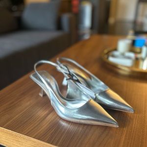Zara Metallic Silver Slingback Heels Women’s US Size 6.5
